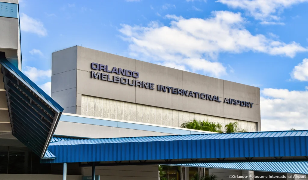 Orlando Melbourne International Airport building exterior with blue sky