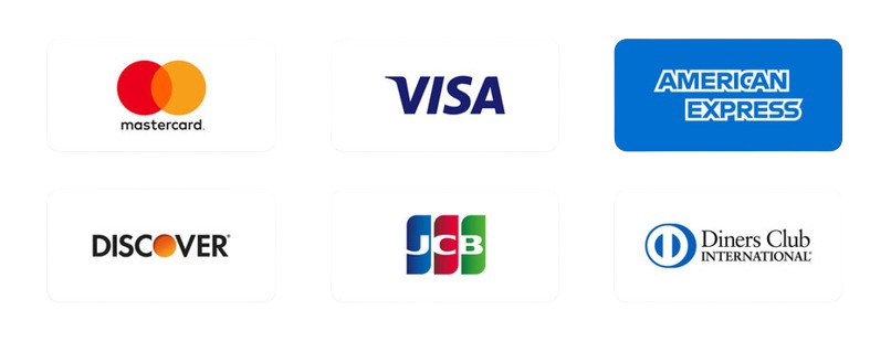We accept Mastercard, Visa, American Express, Discover, JCB, and Diners Club